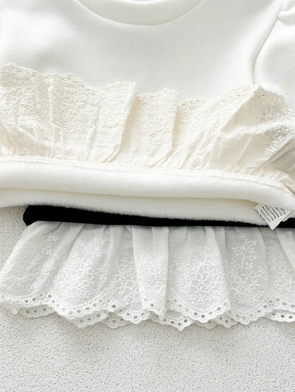 長袖セットアップ キッズセットアップ 2点セット ペプラムレースフリル長袖Tシャツ+裾レースロングフレアパンツ【mh0008503】