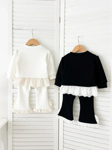 長袖セットアップ キッズセットアップ 2点セット ペプラムレースフリル長袖Tシャツ+裾レースロングフレアパンツ【mh0008503】