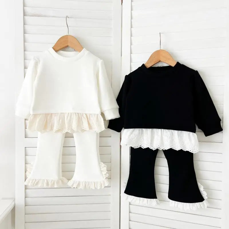長袖セットアップ キッズセットアップ 2点セット ペプラムレースフリル長袖Tシャツ+裾レースロングフレアパンツ【mh0008503】