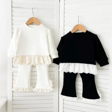 長袖セットアップ キッズセットアップ 2点セット ペプラムレースフリル長袖Tシャツ+裾レースロングフレアパンツ【mh0008503】