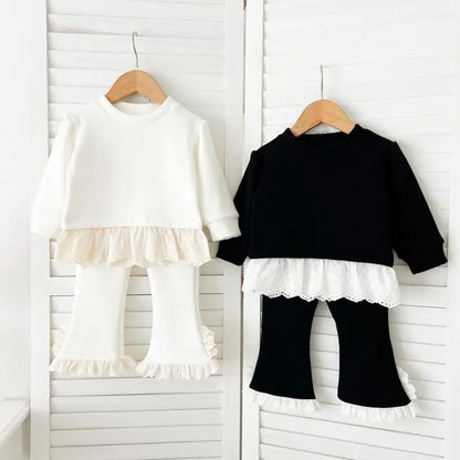 長袖セットアップ キッズセットアップ 2点セット ペプラムレースフリル長袖Tシャツ+裾レースロングフレアパンツ【mh0008503】
