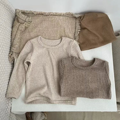 長袖セットアップ ベビーキッズセットアップ 2点セット シンプル長袖リブTシャツ+リブロングパンツ ルームウェア【mh0008582】