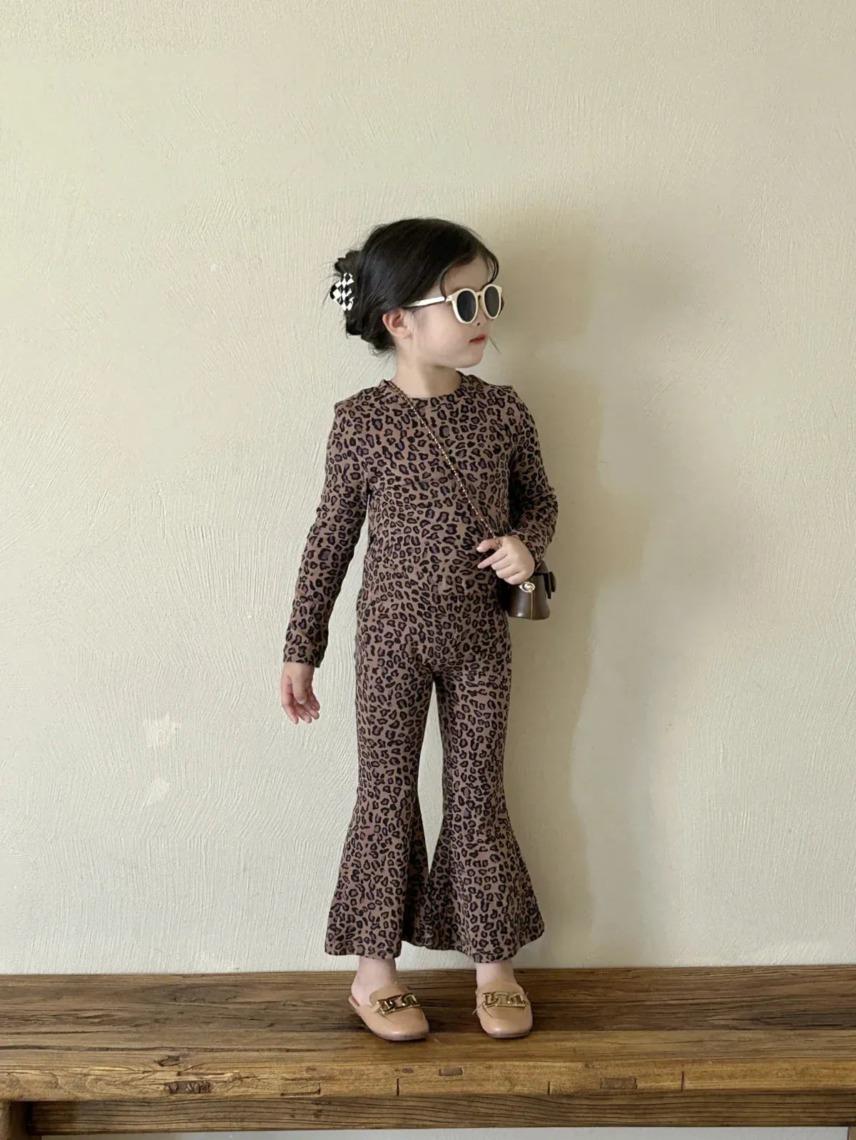 長袖セットアップ キッズセットアップ 2点セット レオパードヒョウ柄プリント長袖Tシャツ+フレアロングパンツ【mh0008592】