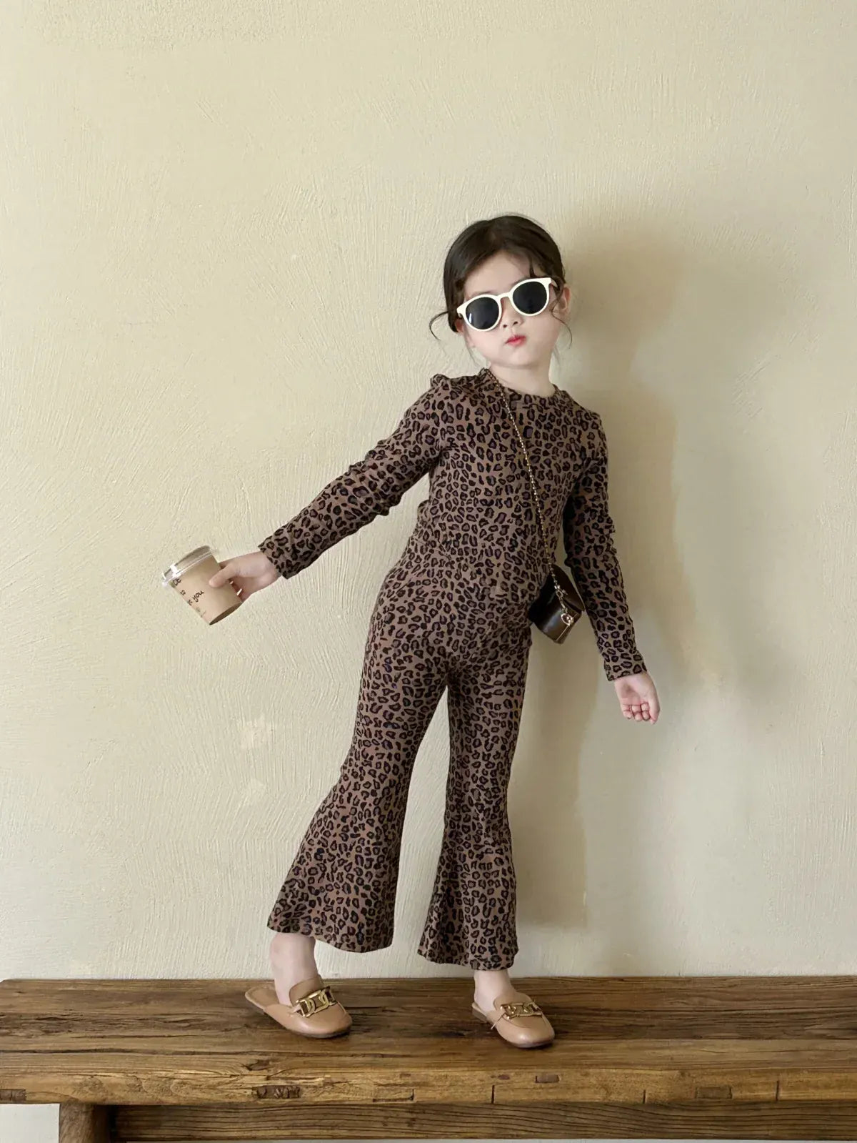 長袖セットアップ キッズセットアップ 2点セット レオパードヒョウ柄プリント長袖Tシャツ+フレアロングパンツ【mh0008592】