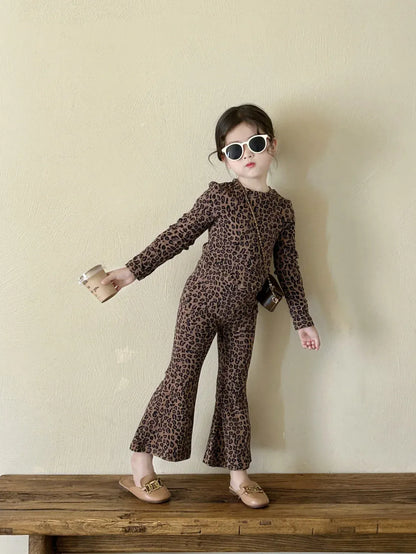 長袖セットアップ キッズセットアップ 2点セット レオパードヒョウ柄プリント長袖Tシャツ+フレアロングパンツ【mh0008592】