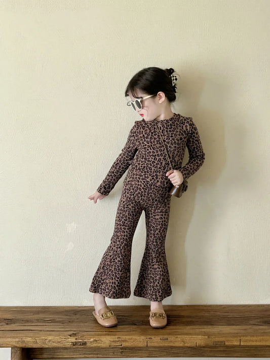 長袖セットアップ キッズセットアップ 2点セット レオパードヒョウ柄プリント長袖Tシャツ+フレアロングパンツ【mh0008592】