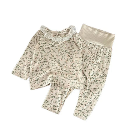 長袖パジャマ ベビーセットアップ 2点セット 長袖パジャマセット フラワープリント長袖Tシャツ+ハイウェストパンツ【mh0008616】
