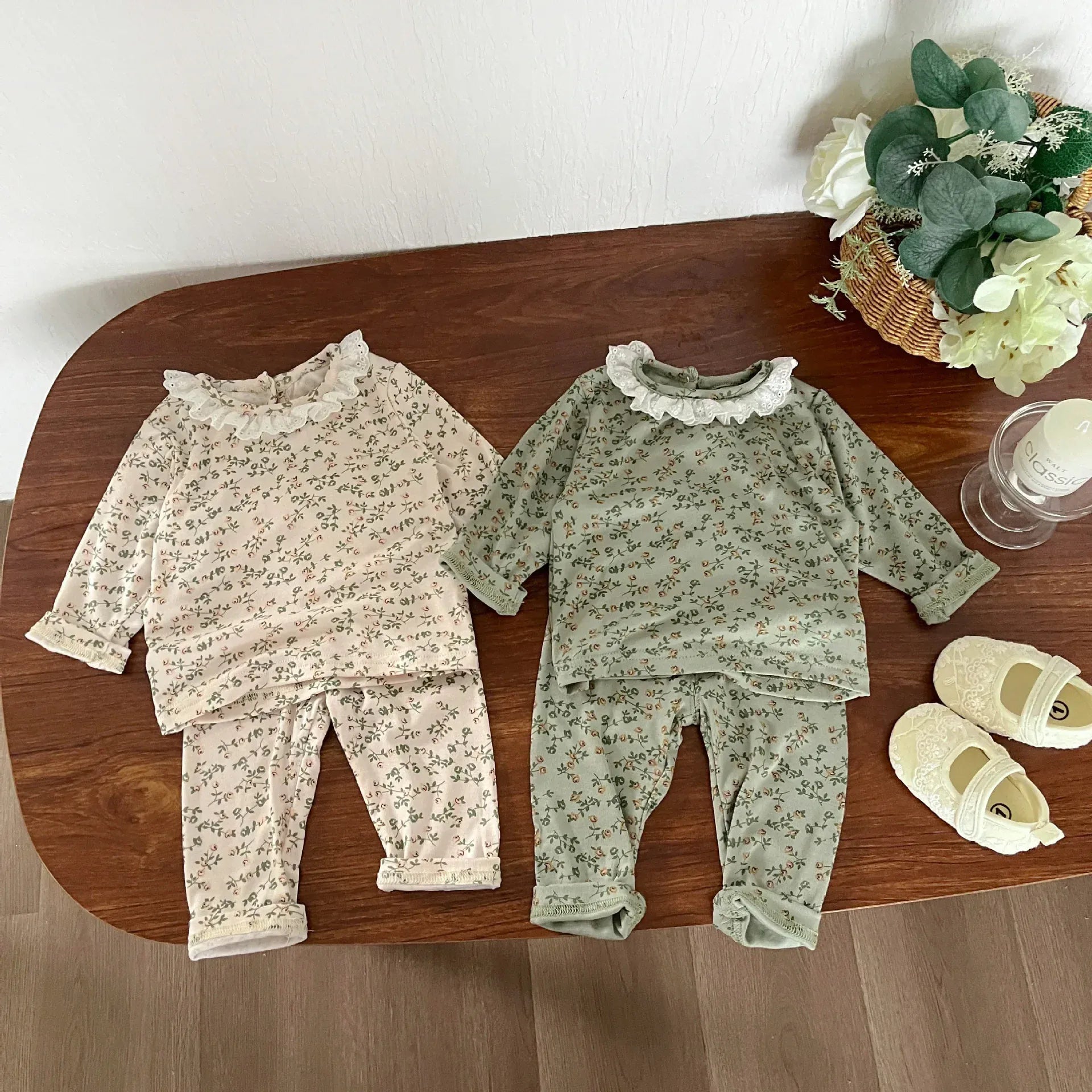 長袖パジャマ ベビーセットアップ 2点セット 長袖パジャマセット フラワープリント長袖Tシャツ+ハイウェストパンツ【mh0008616】