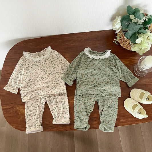 長袖パジャマ ベビーセットアップ 2点セット 長袖パジャマセット フラワープリント長袖Tシャツ+ハイウェストパンツ【mh0008616】