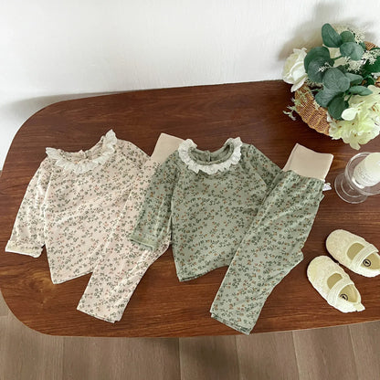 長袖パジャマ ベビーセットアップ 2点セット 長袖パジャマセット フラワープリント長袖Tシャツ+ハイウェストパンツ【mh0008616】