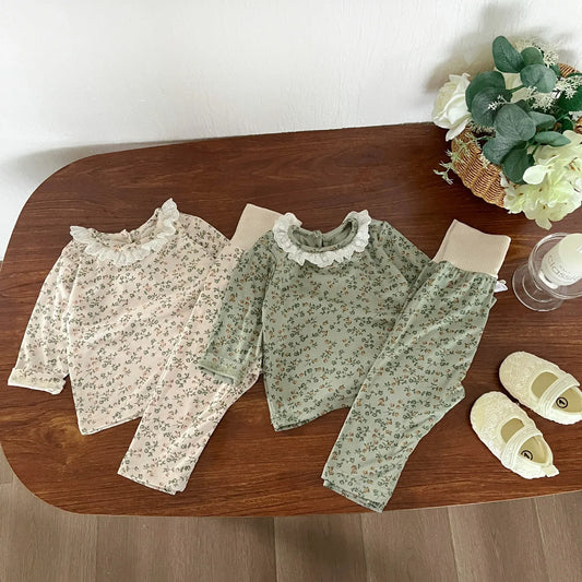 長袖パジャマ ベビーセットアップ 2点セット 長袖パジャマセット フラワープリント長袖Tシャツ+ハイウェストパンツ【mh0008616】