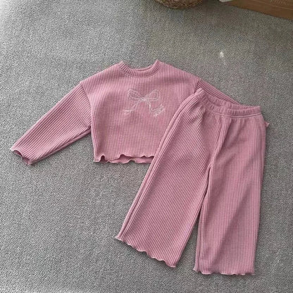 長袖セットアップ キッズセットアップ 2点セット リボン刺繍リブ長袖Tシャツ+ロングワイドリブパンツ【mh0008726】