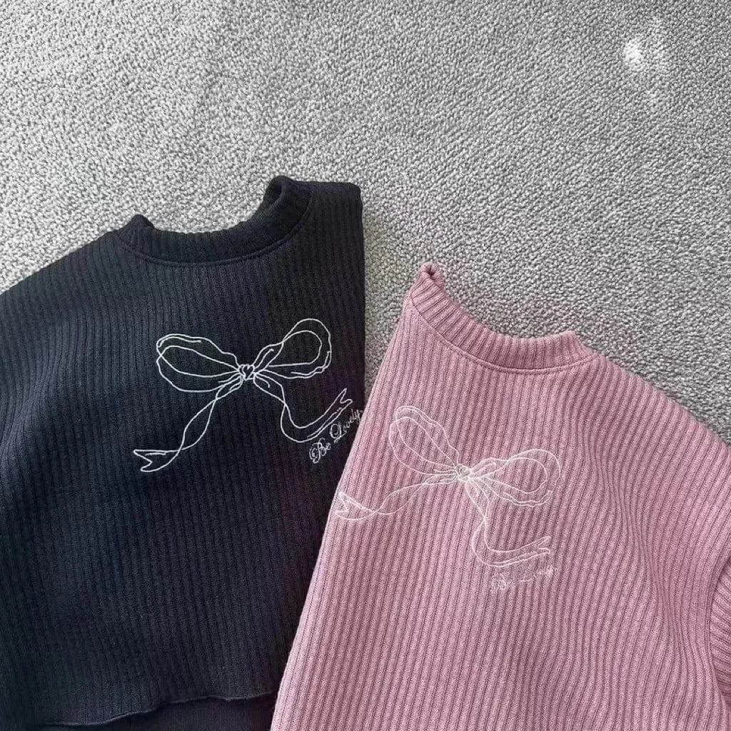 長袖セットアップ キッズセットアップ 2点セット リボン刺繍リブ長袖Tシャツ+ロングワイドリブパンツ【mh0008726】