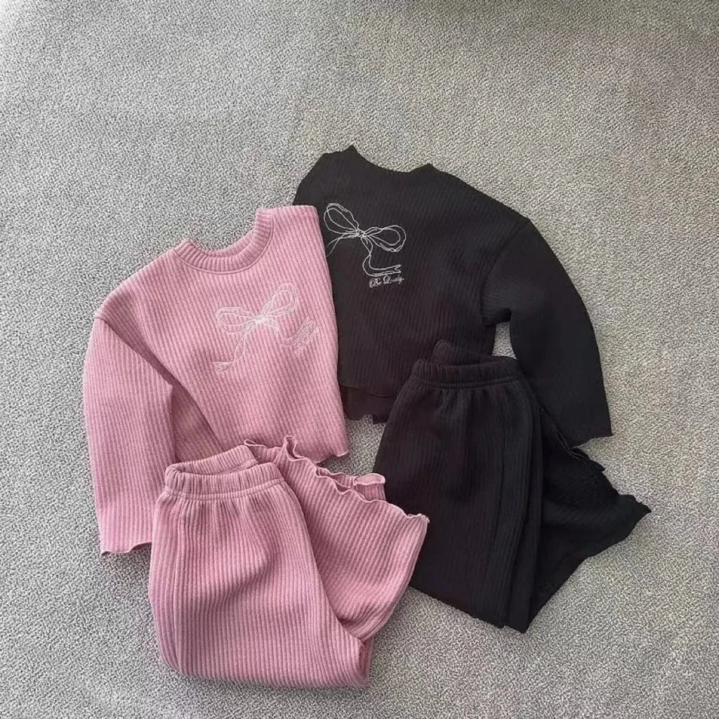 長袖セットアップ キッズセットアップ 2点セット リボン刺繍リブ長袖Tシャツ+ロングワイドリブパンツ【mh0008726】