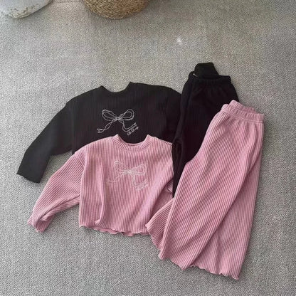 長袖セットアップ キッズセットアップ 2点セット リボン刺繍リブ長袖Tシャツ+ロングワイドリブパンツ【mh0008726】