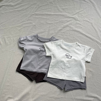半袖セットアップ ベビーセットアップ 2点セット 犬ドッグプリント半袖Tシャツ+ショートパンツ【mh0009177】