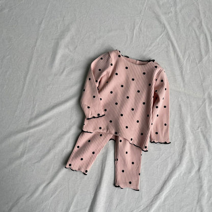 長袖パジャマ ベビーセットアップ 2点セット 長袖パジャマセット 水玉/ハートプリントリブ長袖Tシャツ+ロングパンツ【mh0009180】