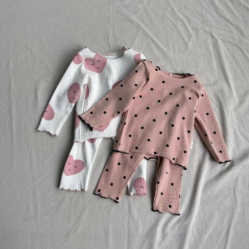 長袖パジャマ ベビーセットアップ 2点セット 長袖パジャマセット 水玉/ハートプリントリブ長袖Tシャツ+ロングパンツ【mh0009180】