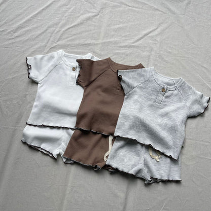 半袖セットアップ ベビーセットアップ 2点セット シンプルベーシックフリルリブ半袖Tシャツ+ショートパンツ【mh0009182】