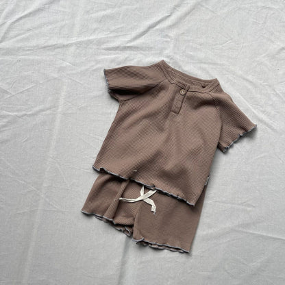 半袖セットアップ ベビーセットアップ 2点セット シンプルベーシックフリルリブ半袖Tシャツ+ショートパンツ【mh0009182】