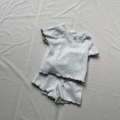 半袖セットアップ ベビーセットアップ 2点セット シンプルベーシックフリルリブ半袖Tシャツ+ショートパンツ【mh0009182】