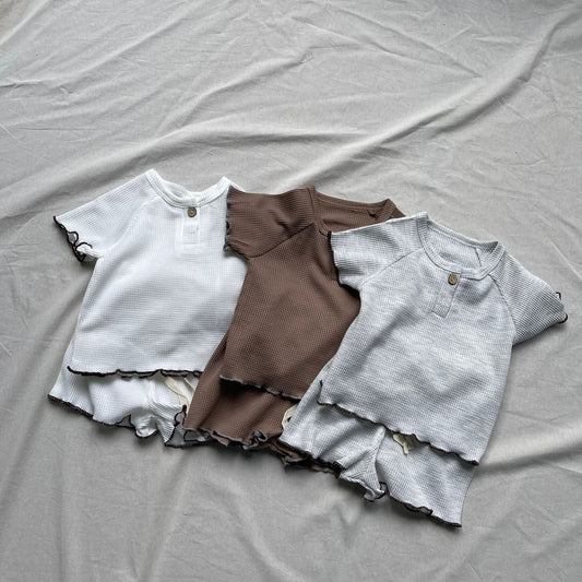 半袖セットアップ ベビーセットアップ 2点セット シンプルベーシックフリルリブ半袖Tシャツ+ショートパンツ【mh0009182】