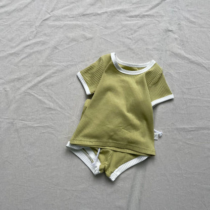 半袖セットアップ シンプル半袖セットアップ 2点セット バイピング半袖Tシャツ+ショートパンツ【mh0009276】