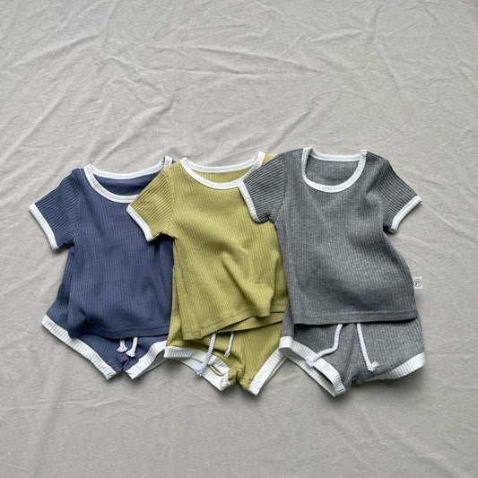 半袖セットアップ シンプル半袖セットアップ 2点セット バイピング半袖Tシャツ+ショートパンツ【mh0009276】