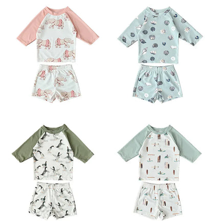 ベビー用水着 2024年新作 キッズ水着 セパレート 長袖 ラッシュガード ガールズ/ボーイズスイムウェア 帽子セット【mh0005024】