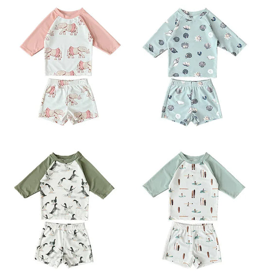 ベビー用水着 2024年新作 キッズ水着 セパレート 長袖 ラッシュガード ガールズ/ボーイズスイムウェア 帽子セット【mh0005024】