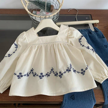長袖セットアップ 24018 shirt / 2T 90cm キッズセットアップ 2点セット スクエアネック刺繍長袖チュニックブラウス+ハート刺繍フレアデニムパンツ【mh0006940】