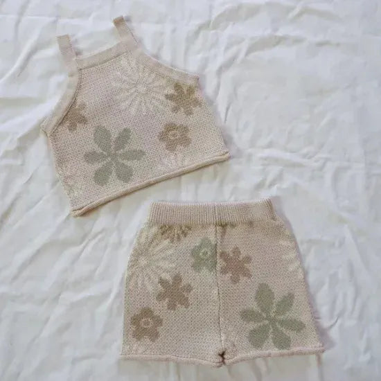ノースリーブセットアップ 2pc set / 59cm 0-3M ベビーセットアップ 2点セット レトロフラワーニットキャミソールベスト+ニットショートパンツ【mh0007083】