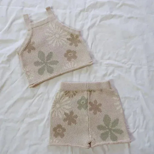 ノースリーブセットアップ 2pc set / 59cm 0-3M ベビーセットアップ 2点セット レトロフラワーニットキャミソールベスト+ニットショートパンツ【mh0007083】