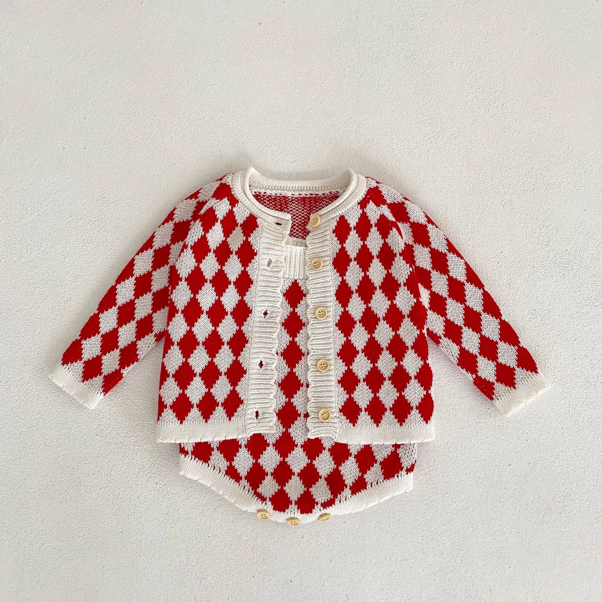 ロンパースセットアップ 2pc set / 66cm ベビーセットアップ 2点セット ダイヤチェック ニットカーディガンジャケット サスペンダーロンパース 単品可
