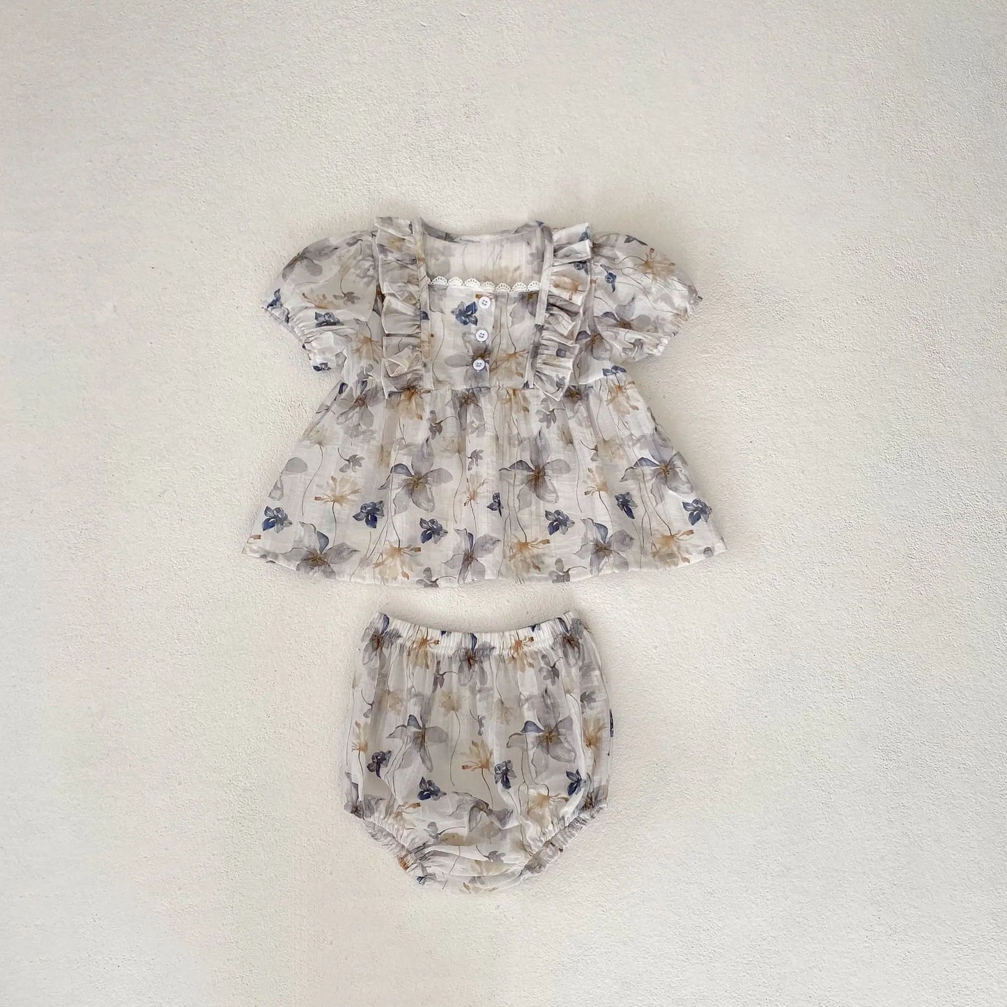 半袖セットアップ 2pc set / 73cm 6-9m ベビーセットアップ 2点セット 半袖フリルパフスリーブチュニックブラウス+ブルマパンツ インクフラワープリント