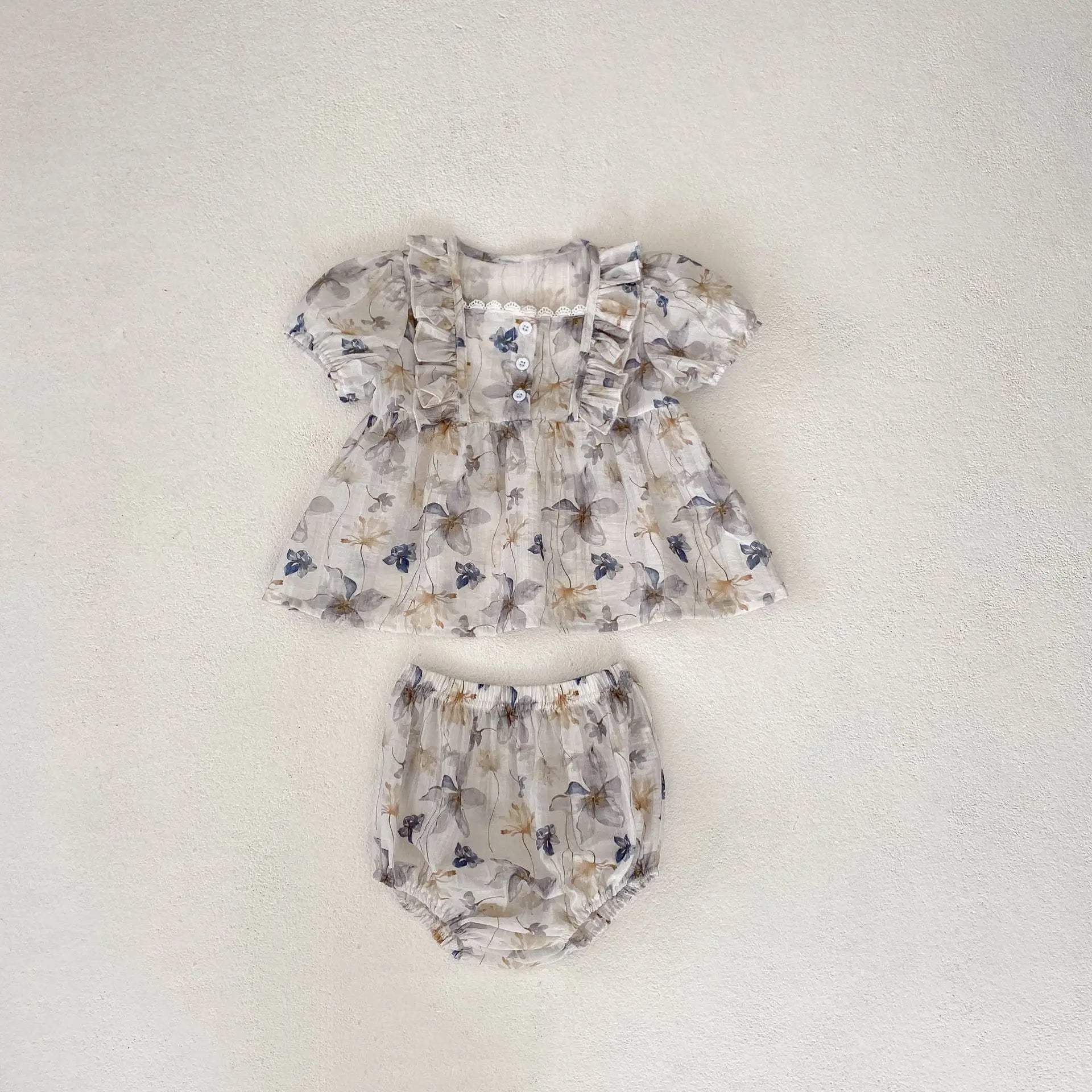 半袖セットアップ 2pc set / 73cm 6-9m ベビーセットアップ 2点セット 半袖フリルパフスリーブチュニックブラウス+ブルマパンツ インクフラワープリント
