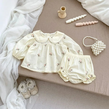長袖セットアップ 2pc set / 73cm 6-9M ベビーセットアップ 2点セット/ロンパース フラワー刺繍長袖チュニックブラウス＋ブルマパンツ/長袖ジャンプスーツ【mh0007411】