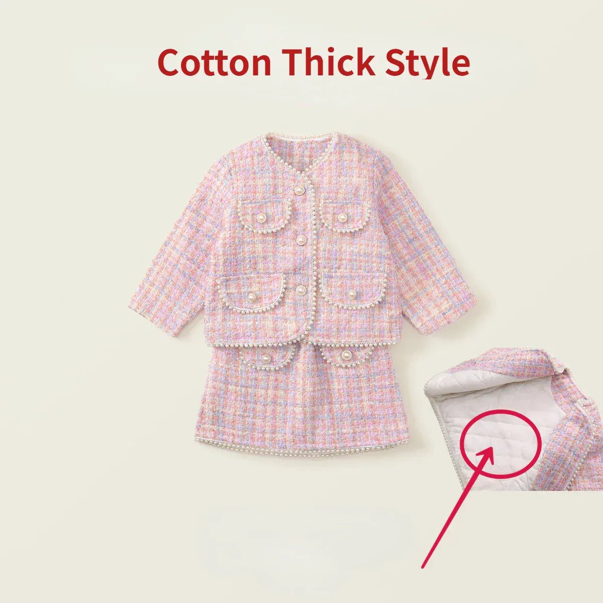 長袖セットアップ 2pc set cotton thick / 90cm 1-2y キッズスーツセットアップ 2点セット ツイードパールボタンジャケット+台形スカート 厚手/薄手 ピンク【mh0007498】