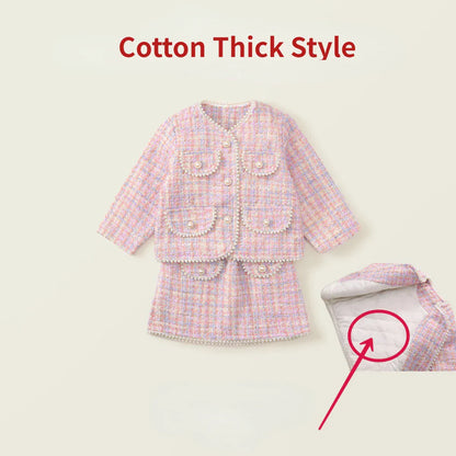長袖セットアップ 2pc set cotton thick / 90cm 1-2y キッズスーツセットアップ 2点セット ツイードパールボタンジャケット+台形スカート 厚手/薄手 ピンク【mh0007498】