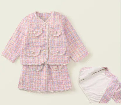 長袖セットアップ 2pc set thin style / 90cm 1-2y キッズスーツセットアップ 2点セット ツイードパールボタンジャケット+台形スカート 厚手/薄手 ピンク【mh0007498】