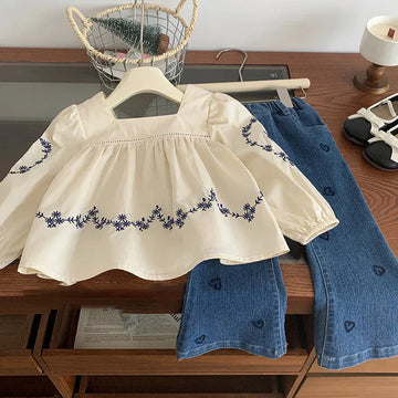 長袖セットアップ 2Pcs Set / 2T 90cm キッズセットアップ 2点セット スクエアネック刺繍長袖チュニックブラウス+ハート刺繍フレアデニムパンツ【mh0006940】