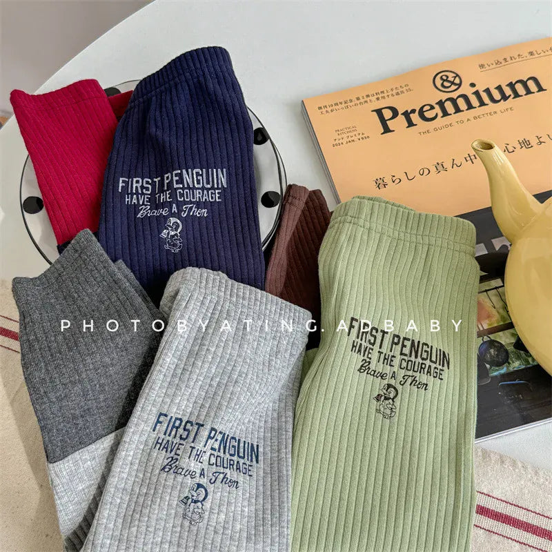 レギンスパンツ キッズパンツ ペンギンレターロゴプリントパッチワークリブレギンスパンツ 3カラー