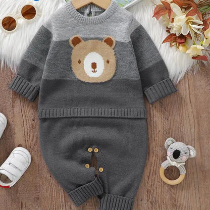 長袖ロンパース ベビーロンパース ベアくまワッペンボーダーニットドッキングジャンプスーツ 3カラー