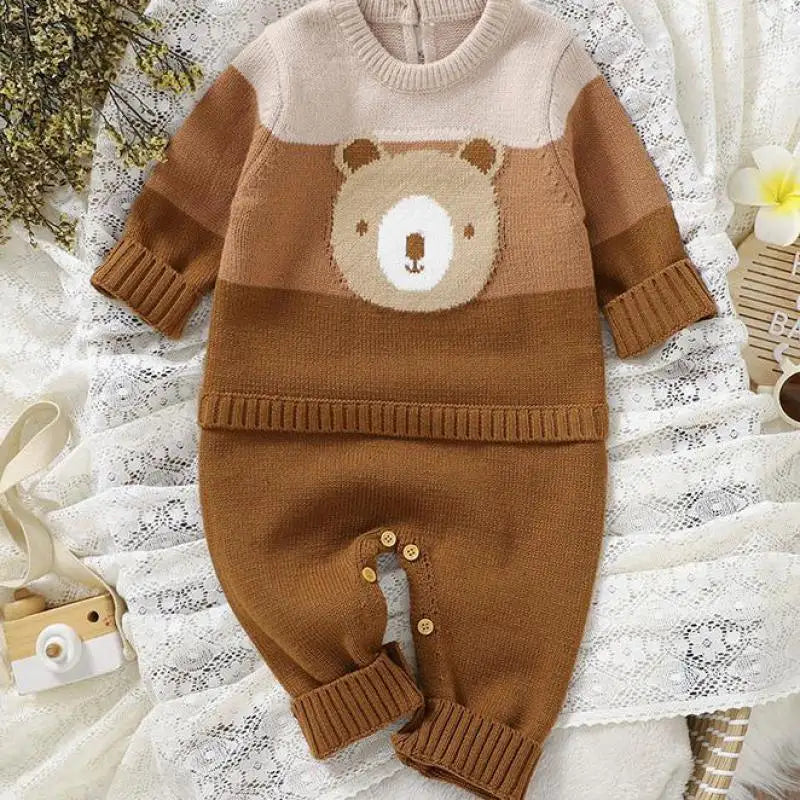長袖ロンパース ベビーロンパース ベアくまワッペンボーダーニットドッキングジャンプスーツ 3カラー