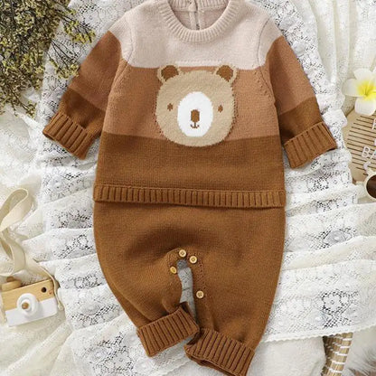 長袖ロンパース ベビーロンパース ベアくまワッペンボーダーニットドッキングジャンプスーツ 3カラー
