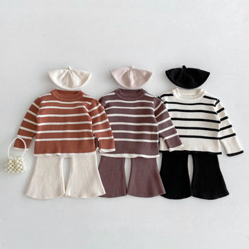 長袖セットアップ キッズトップス/パンツ ニット 長袖ボーダーセーター/ニットロングフレアパンツ 3カラー