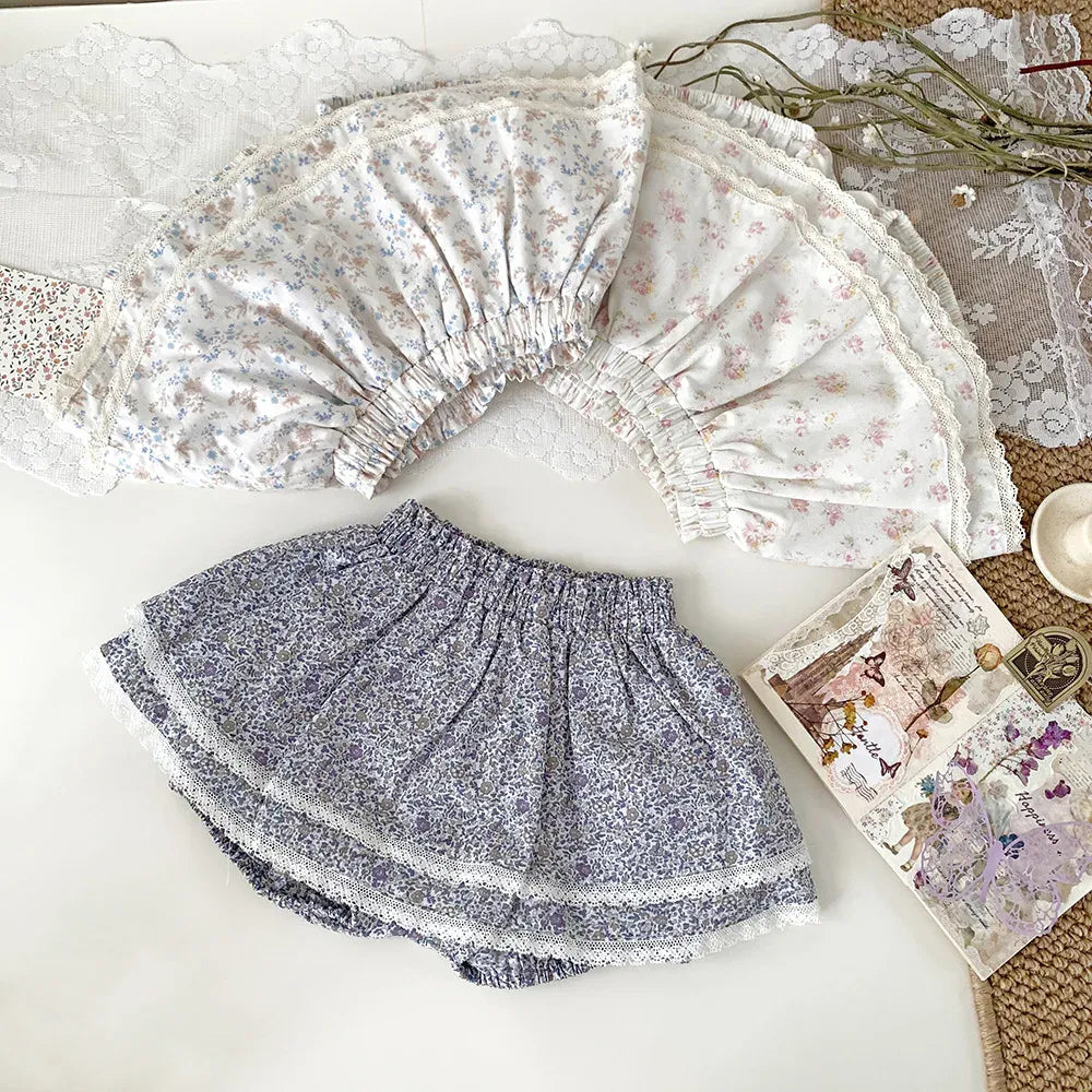 ブルマパンツ ベビーキッズパンツ フリルスカートブルマ パンツインスカート フラワー花柄プリント 3カラー