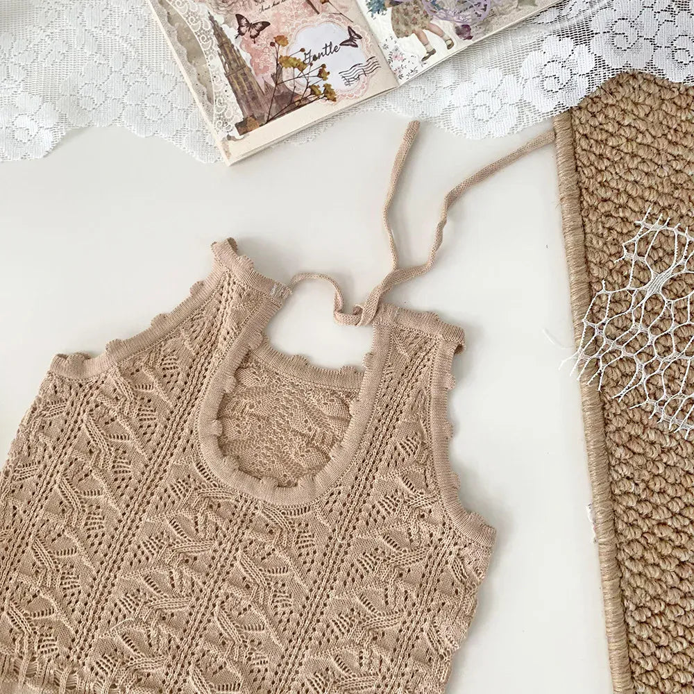 タンクトップ・キャミソール・ノースリーブトップス ベビーキッズトップス レースニット キャミソール バックオープン 3カラー