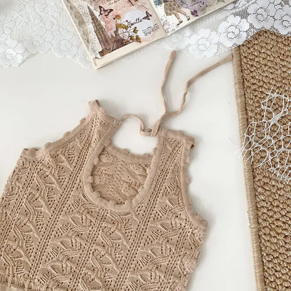 タンクトップ・キャミソール・ノースリーブトップス ベビーキッズトップス レースニット キャミソール バックオープン 3カラー