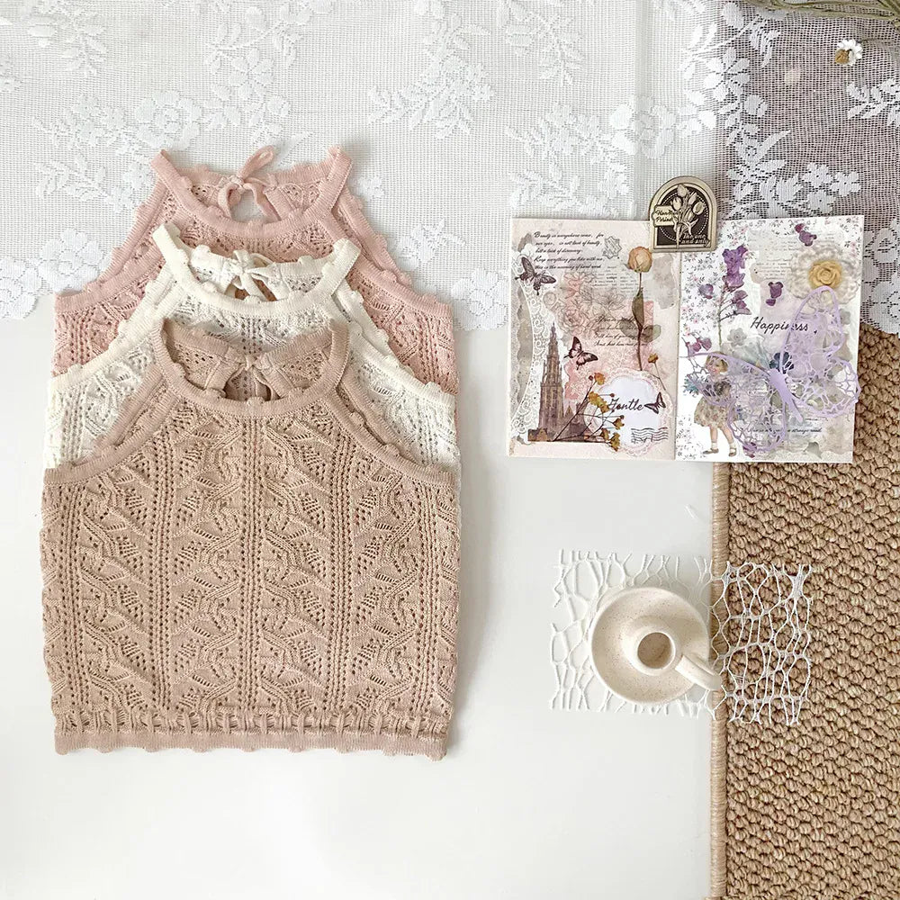 タンクトップ・キャミソール・ノースリーブトップス ベビーキッズトップス レースニット キャミソール バックオープン 3カラー